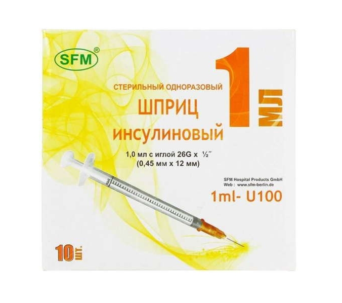 СФМ шприц одноразовый инсулиновый трехкомпонентный 1мл U-40 с иглой 29G 0,33х12,7 №10
СФМ шприц одноразовый инсулиновый трехкомпонентный 1мл U-40 с иглой 29G 0,33х12,7 №10