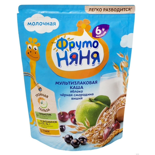 ФрутоНяня каша молочная мультизлаковая яблоко черная смородина вишня 200г