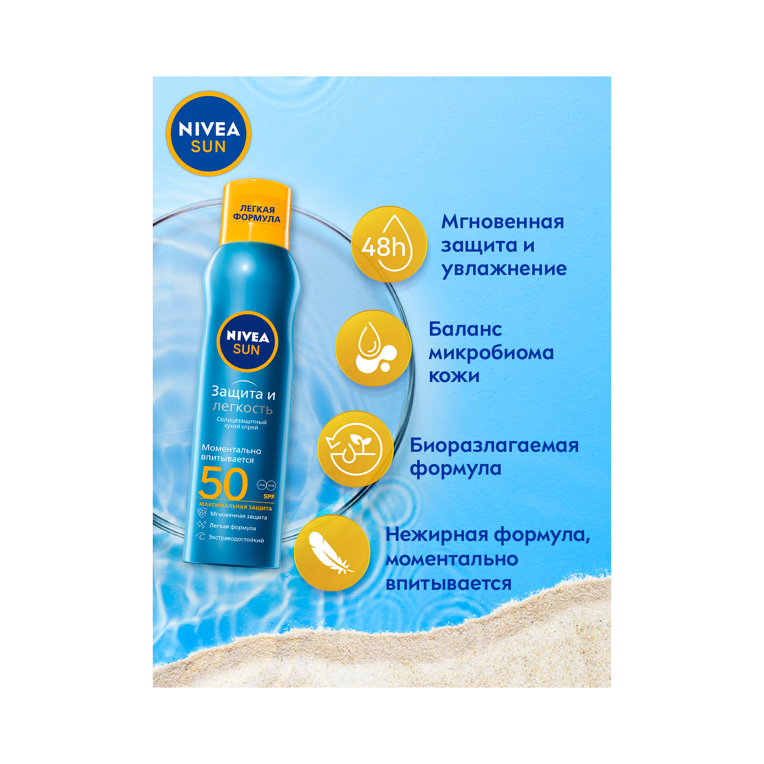 

Нивея Сан солнцезащитный сухой спрей Защита и легкость SPF50 фл. 200мл 80461