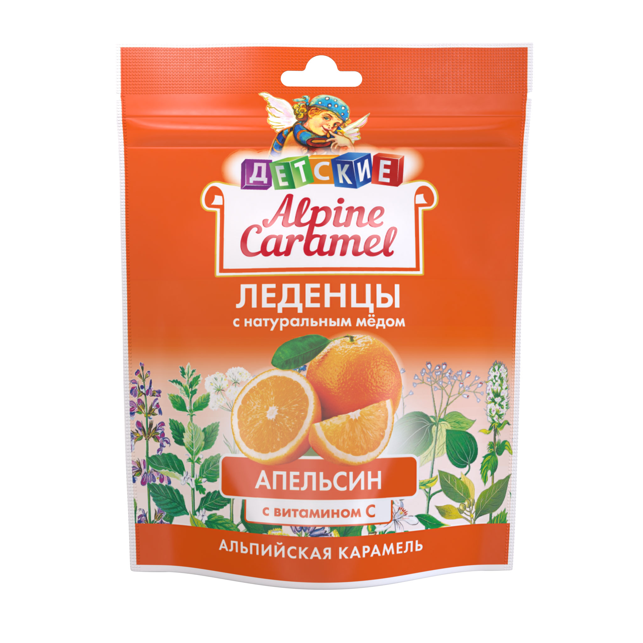 Альпийская карамель леденцы детские с натуральным медом и витамином С вкус апельсин 75г