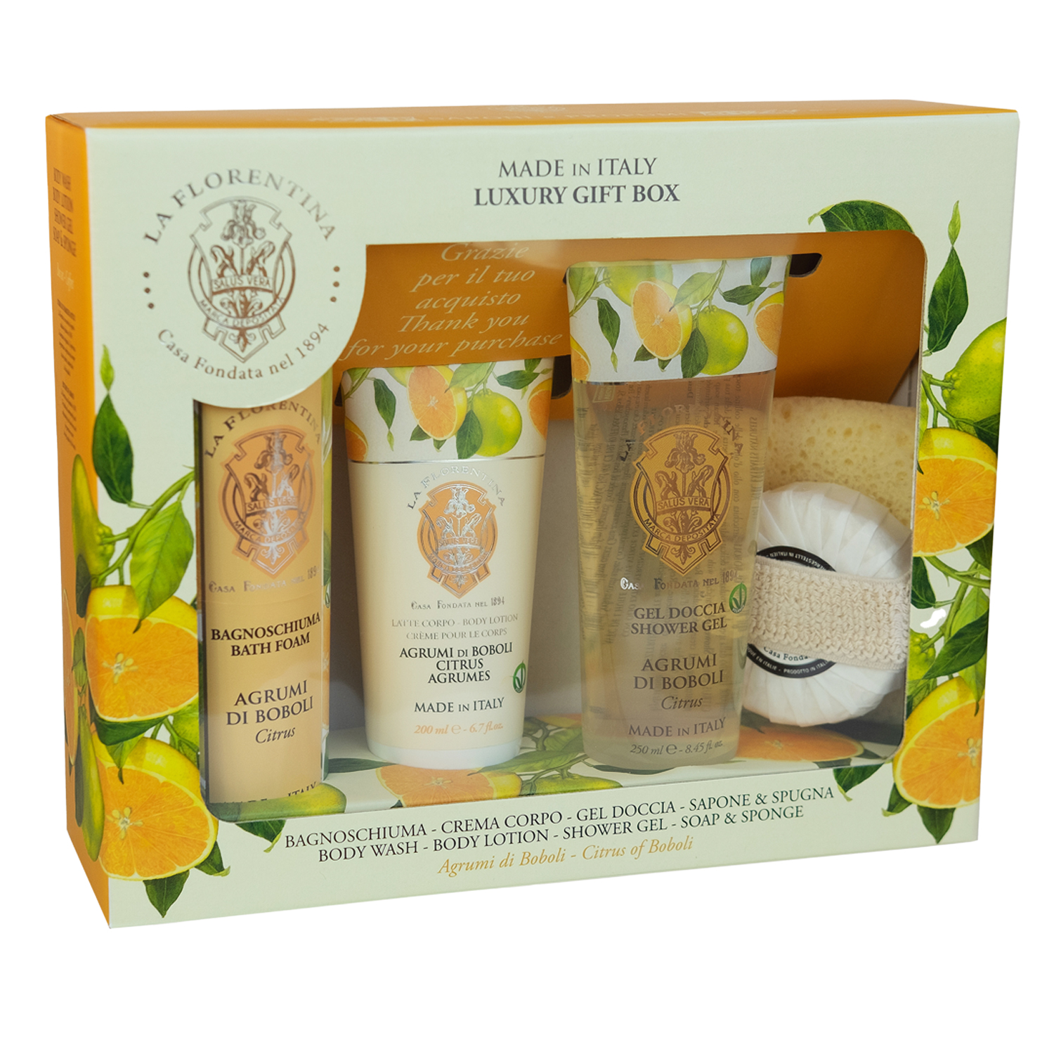 

Ла Флорентина набор пена для ванны 500мл+лосьон для тела 200мл+гель для душа 200мл+мыло 115г+спонж Цитрус