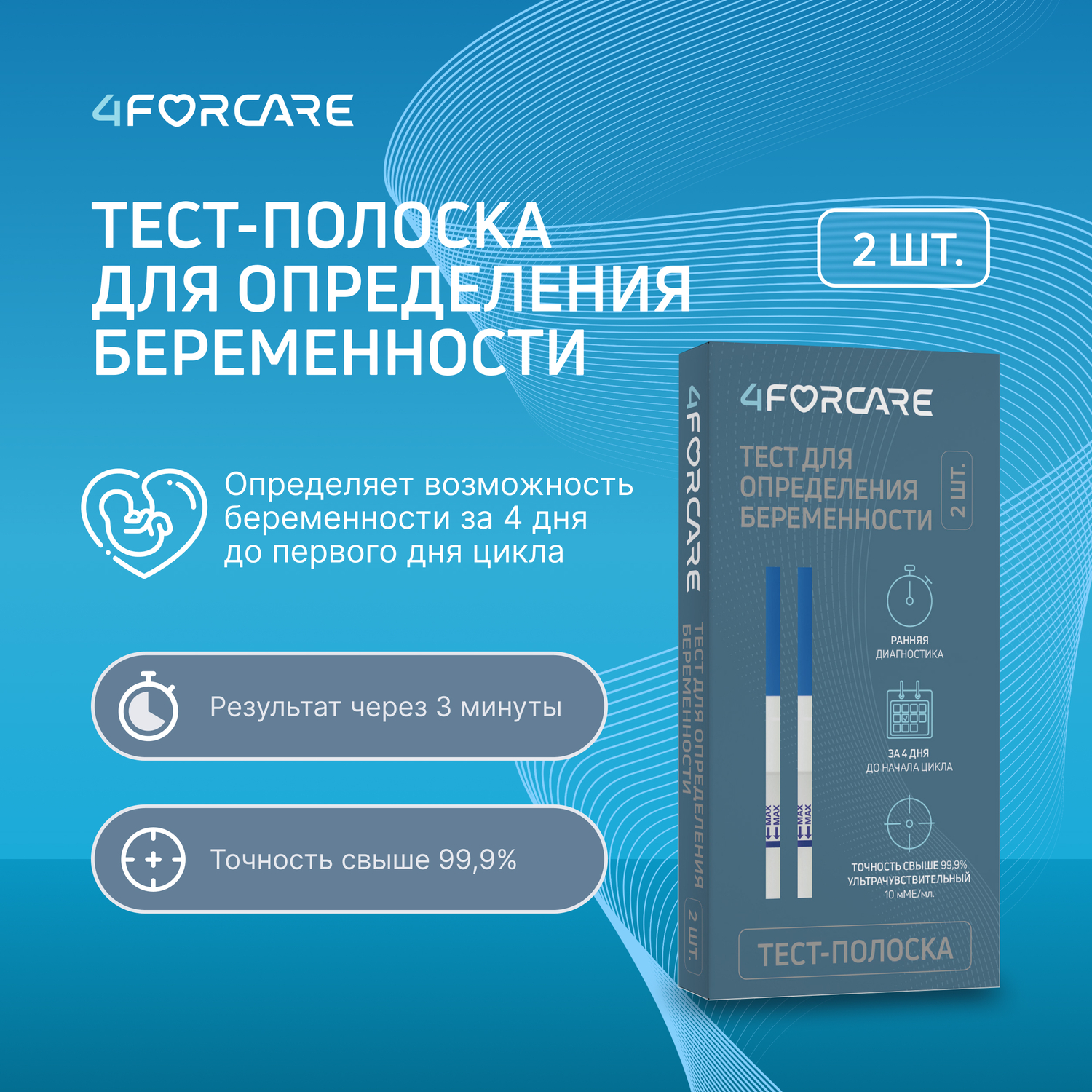 4FORCARE Тест-полоска для определения беременности ультрачувствительный № 2