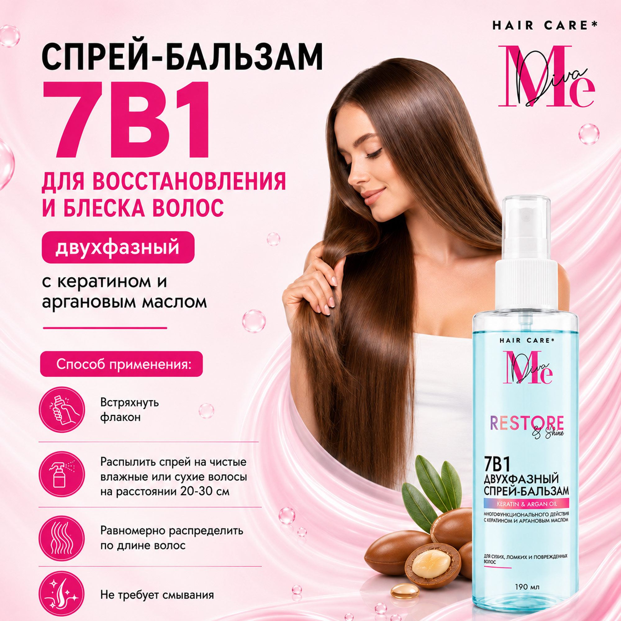 Медива 7в1 двухфазный спрей-бальзам многофункционального действия с кератином и аргановым маслом 190мл