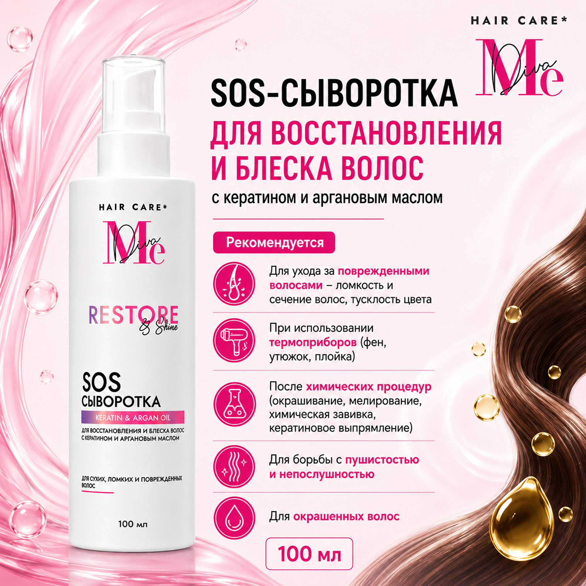 Медива SOS-сыворотка для восстановления и блеска волос с кератином и аргановым маслом 100мл
