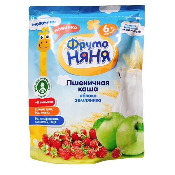 ФрутоНяня каша молочная пшеница яблоко земляника от 6мес. 200г