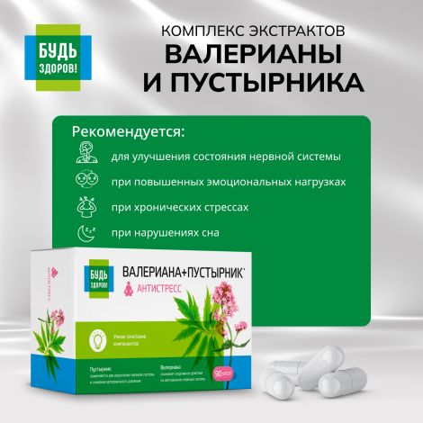 Будь Здоров! Комплекс экстрактов валерианы/пустырника капс. №90 №3