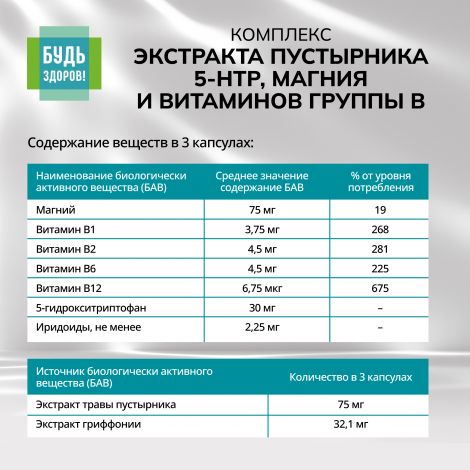 Будь Здоров! Комплекс экстракта пустырника 5-НТР магния и витаминов группы В капс. №40 №7