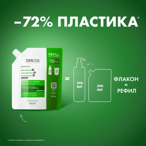 Виши Деркос Техник шампунь-уход для норм. и жирных волос интенсивный против перхоти DS рефил 390мл №3