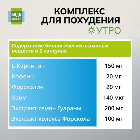 Будь Здоров! Комплекс для похудения УТРО L-карнитин+экстракт гуараны+форсколин капсулы №30 №6