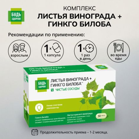 Будь Здоров! Комплекс экстрактов Красного винограда/Гинкго Билоба капсулы №30 №3