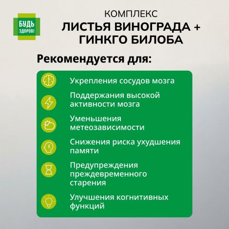Будь Здоров! Комплекс экстрактов Красного винограда/Гинкго Билоба капсулы №30 №2